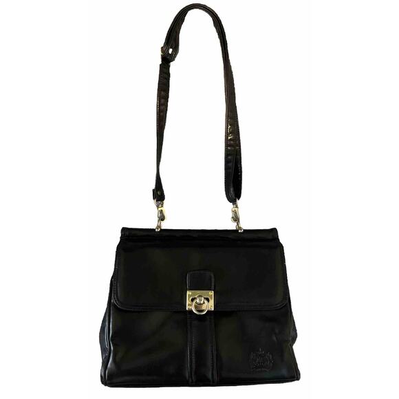 EUC HATO HASI Bag Black Leather 3 Main Compartment Bag Purse+ Shoulder Strap - Picture 1 of 6